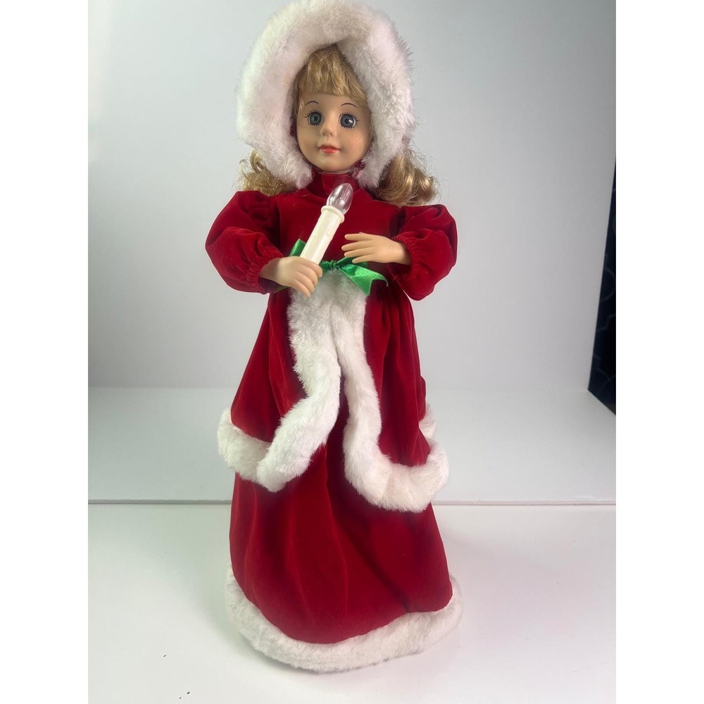 Vintage‎  Telco Singing Christmas Caroler Doll Red Velvet Faux Fur Light Up 18in